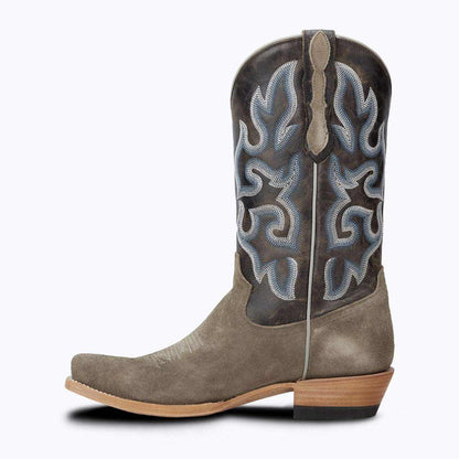 El Capitan Nashville - Elkins boot in grey suede with dark leather shaft, contrast flame stitching and cutter toe