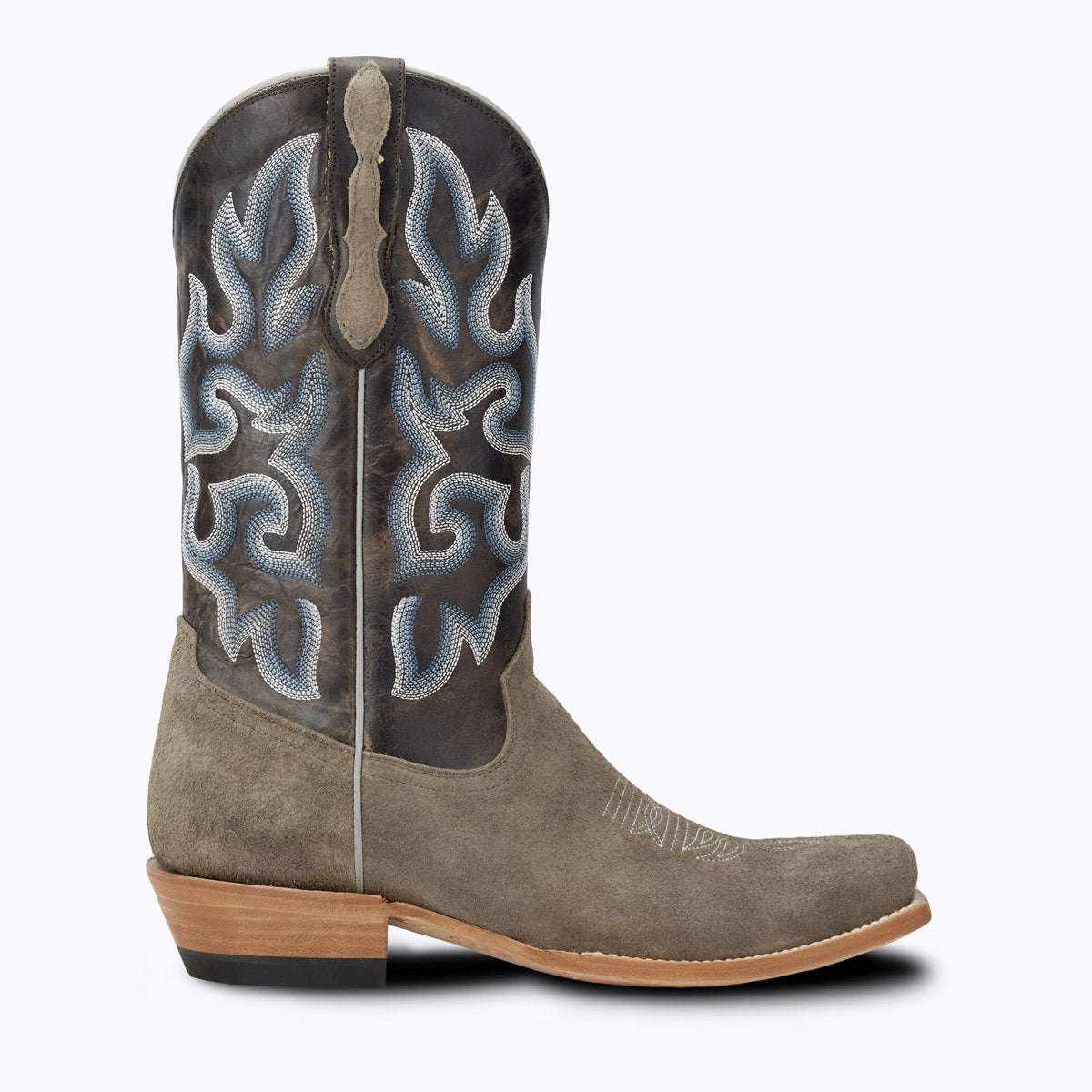 El Capitan Nashville - Elkins cowboy boot in grey suede with a dark shaft, blue and white embroidery, and tan sole