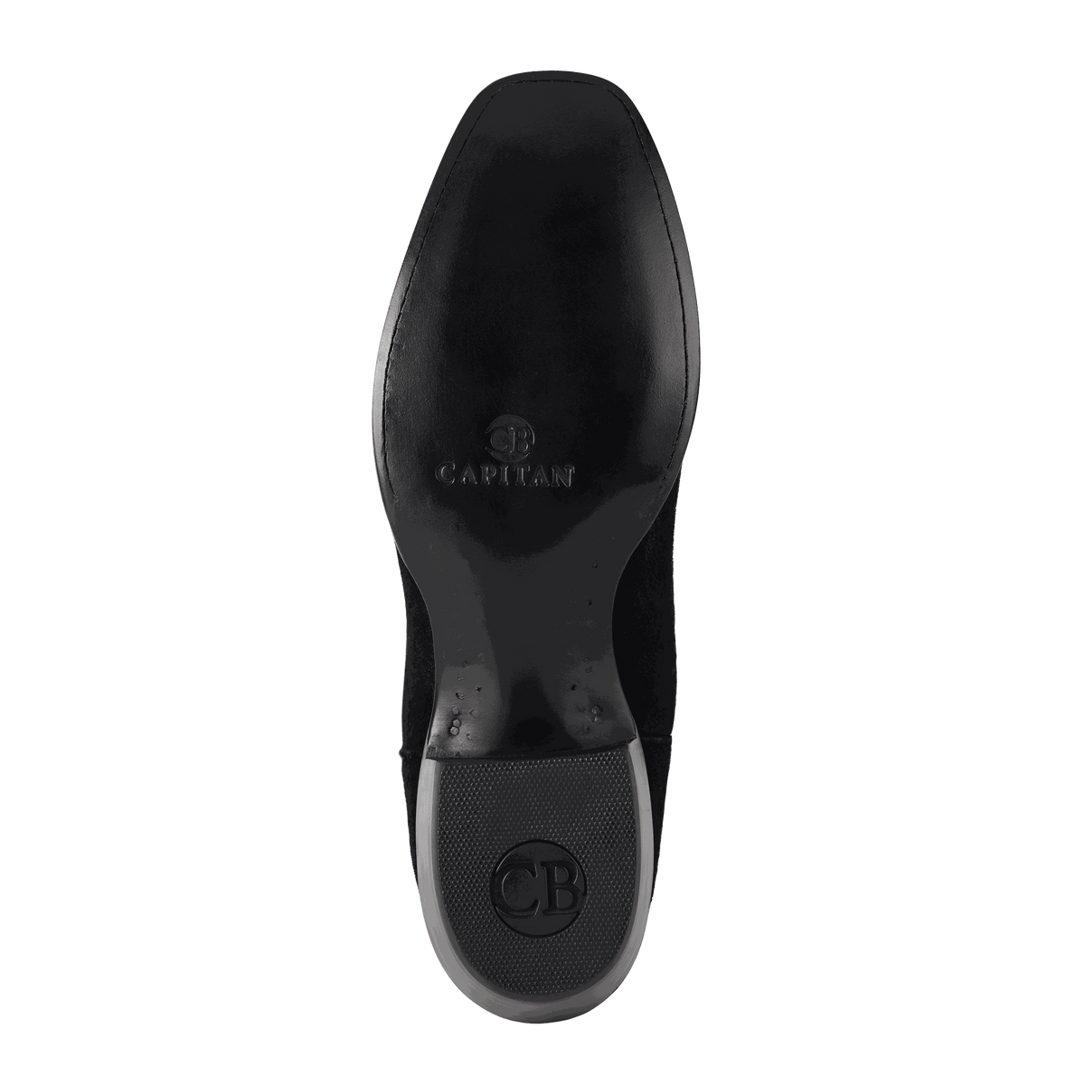 El Capitan Nashville - Hillwood black leather cowboy boot viewed from below, with a rubber outsole and embossed sole branding