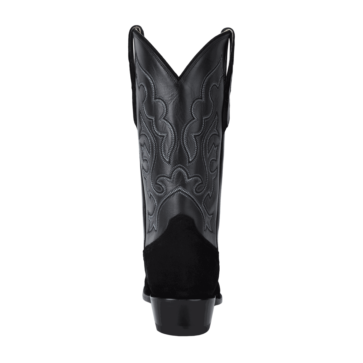 Cowboy boot in black leather and suede with ornate stitched shaft patterns and a V-shaped top, El Capitan Nashville - Hillwood