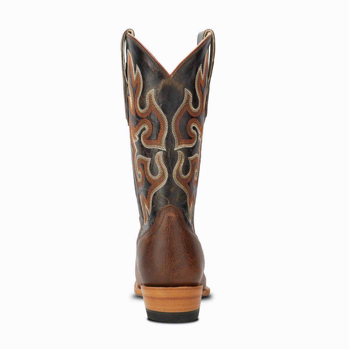 El Capitan Nashville - Murphy Road cowboy boot in brown leather with an ornate tan and blue embroidered shaft and stacked heel