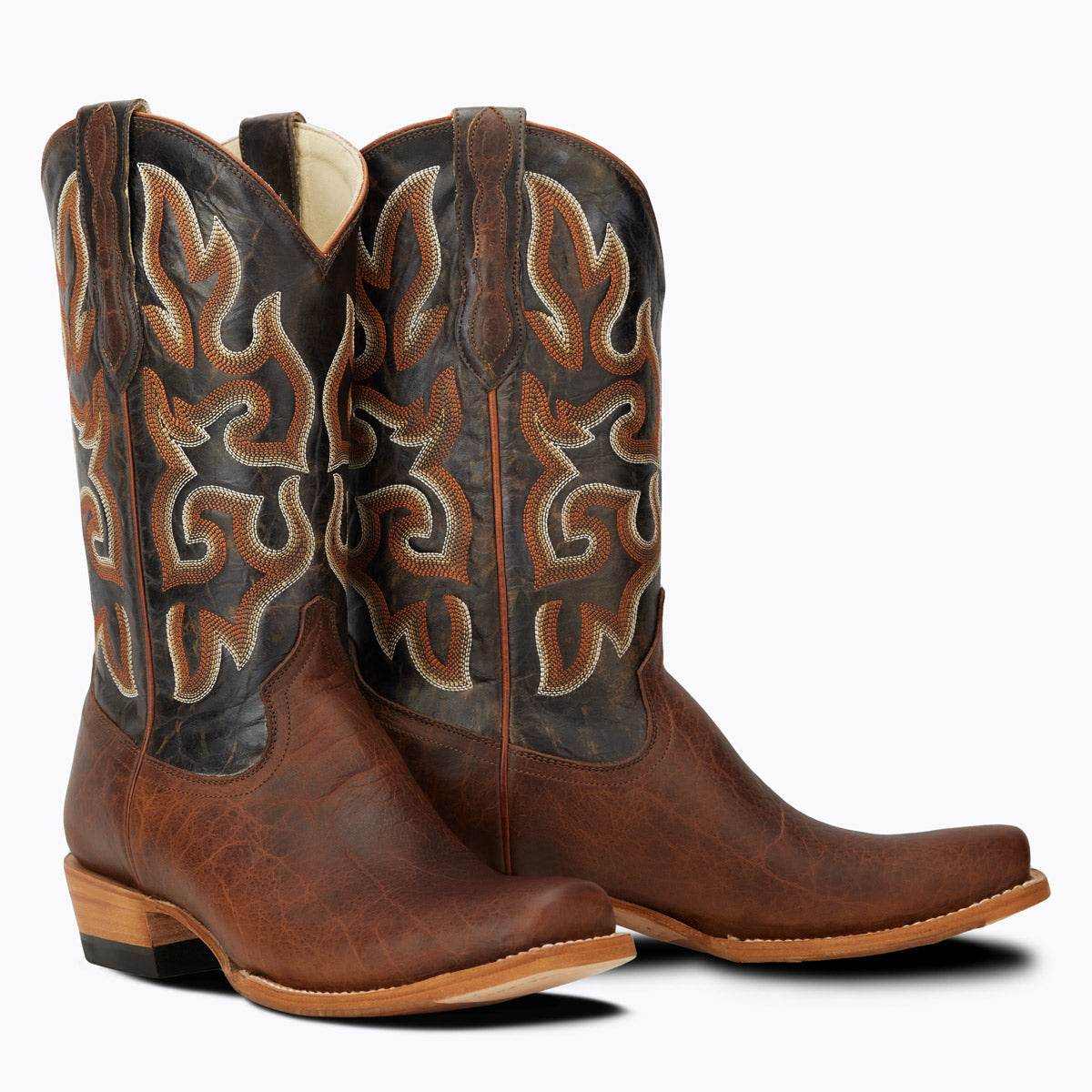 El Capitan Nashville - Murphy Road western boots in brown leather with dark shafts and ornate tan flame stitching.