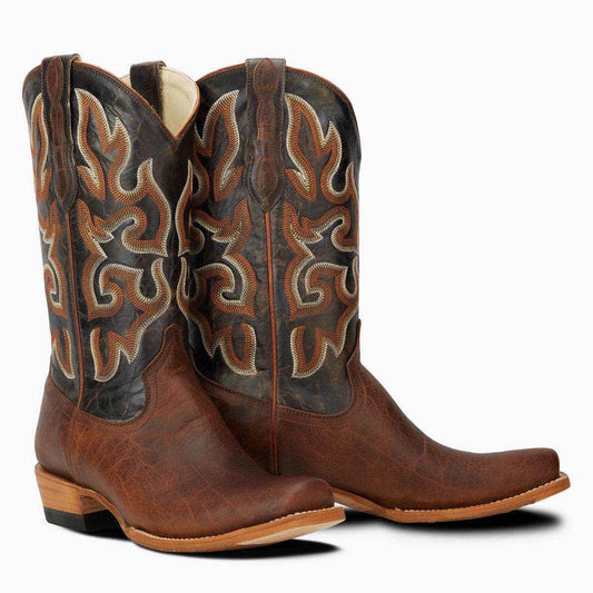 El Capitan Nashville - Murphy Road western boots in brown leather with dark shafts and ornate tan flame stitching.