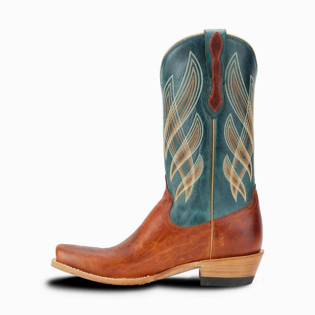 El Capitan Nashville - Orleans cowboy boot in rust-brown leather with a teal shaft and ornate cream stitching