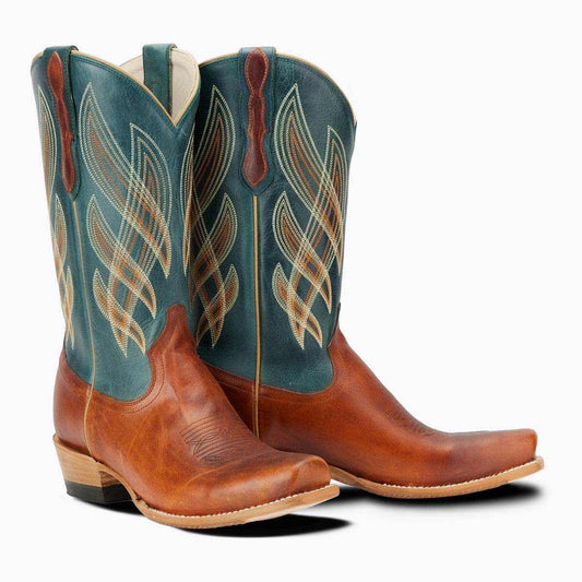 El Capitan Nashville - Orleans cowboy boots in tan leather with teal embroidered shafts and pointed cutter toes.
