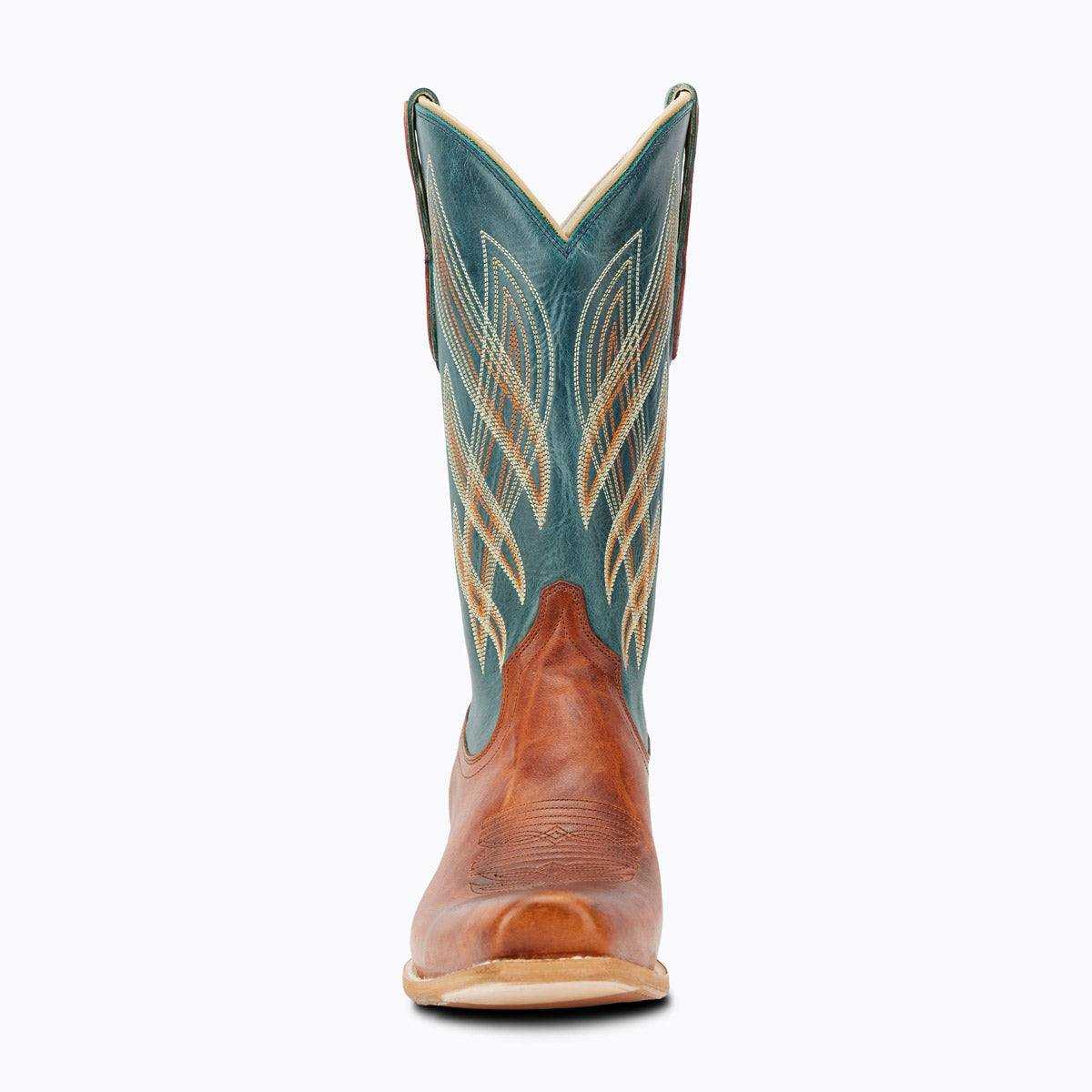 El Capitan Nashville - Orleans cowboy boot with a tan leather foot, teal shaft and decorative contrasting stitching.