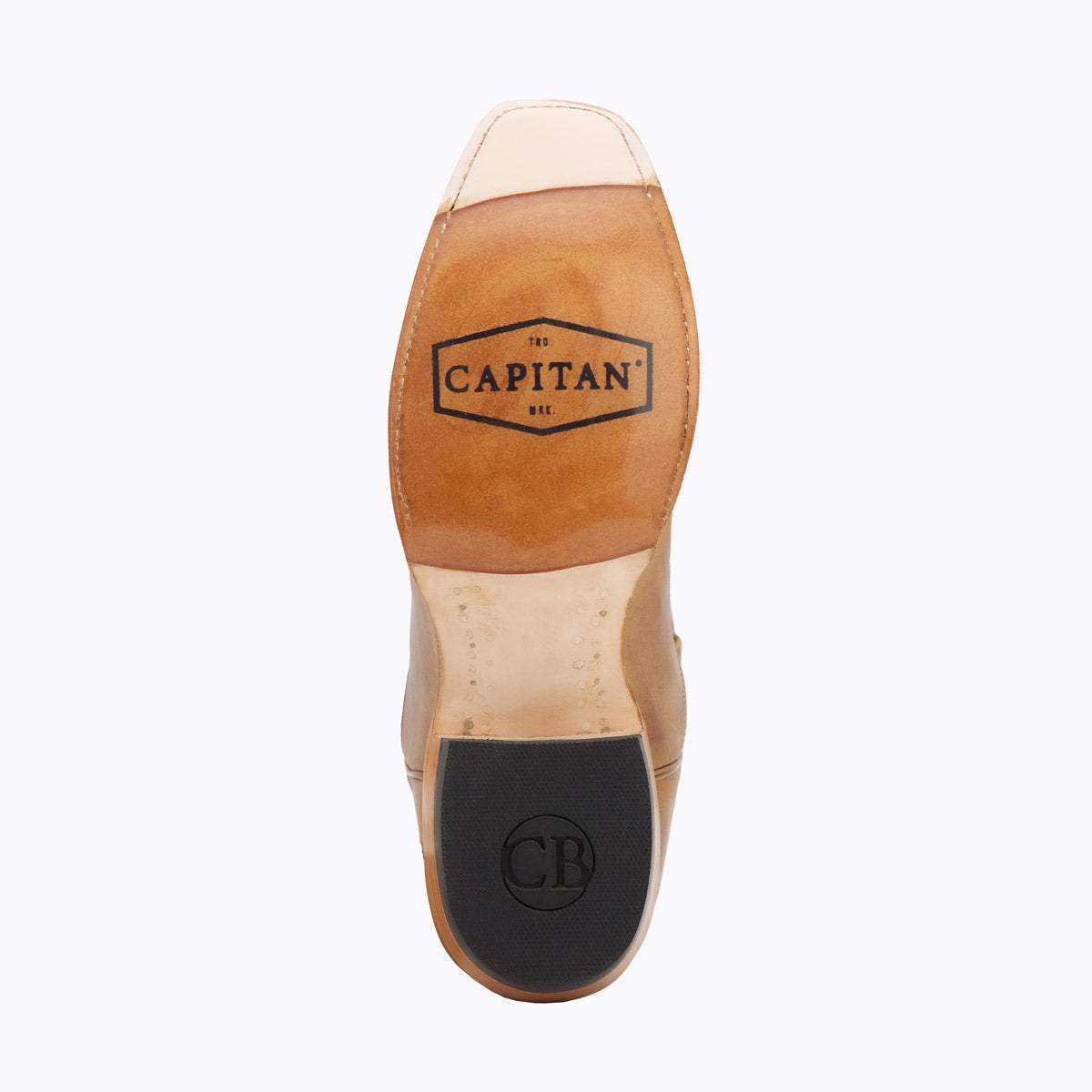 El Capitan Nashville - Pierce cowboy boot shown from below with a tan leather sole, dark heel cap, and branded stamp