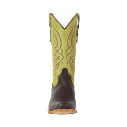 El Capitan Nashville - Tremont cowboy boot in dark brown leather with a lime green embroidered shaft and cutter toe