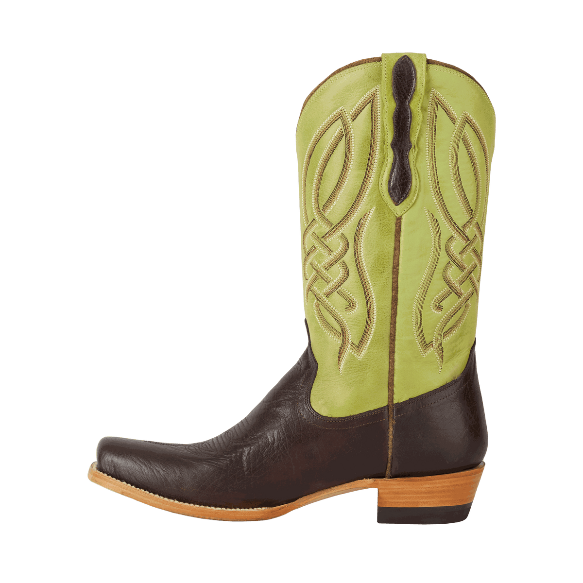 El Capitan Nashville - Tremont Western boot in dark brown leather with a lime green embroidered shaft and layered heel