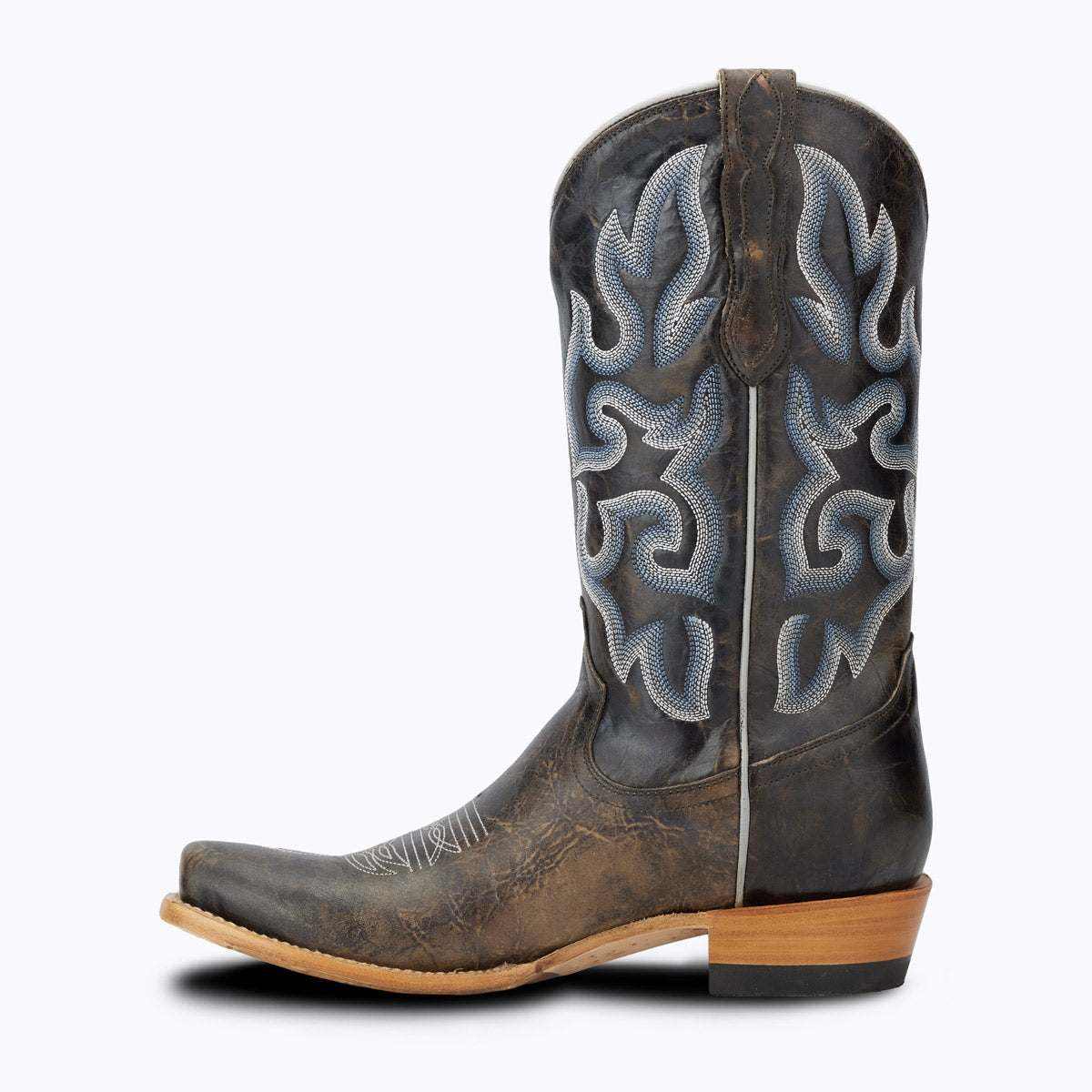 El Capitan Nashville - West End cowboy boot in distressed brown leather with blue and silver embroidered shaft and cutter toe.