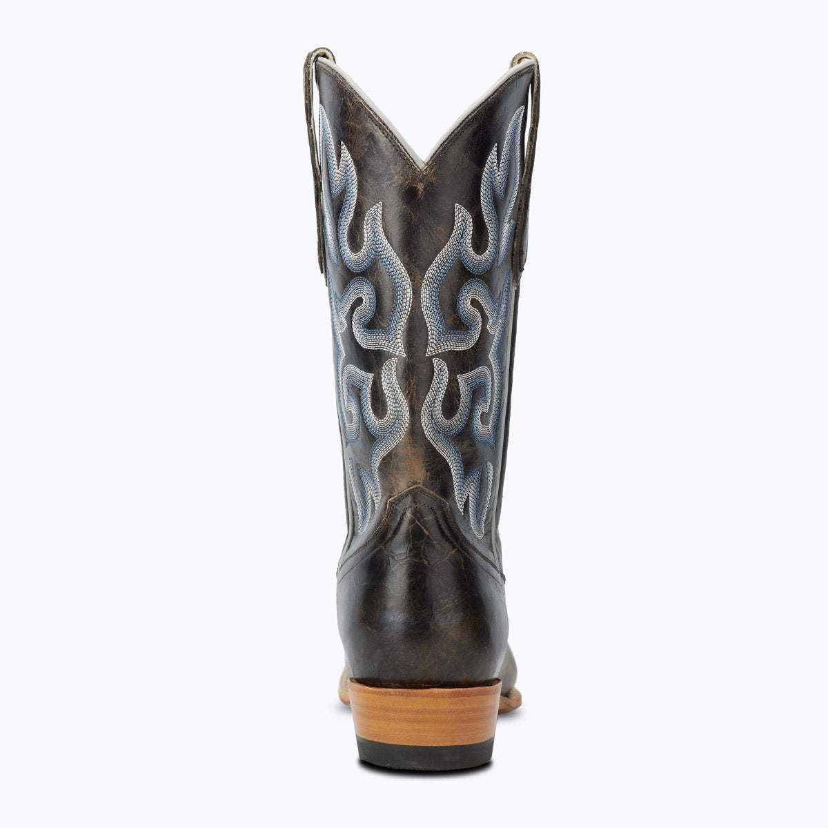 El Capitan Nashville - West End cowboy boot in dark brown leather with pale blue flame embroidery and stacked heel