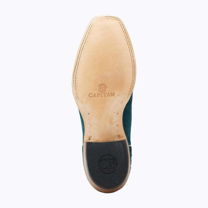 Western boot, El Capitan Tulsa - Cameron, with a tan leather sole, teal sides, and black rubber heel cap.