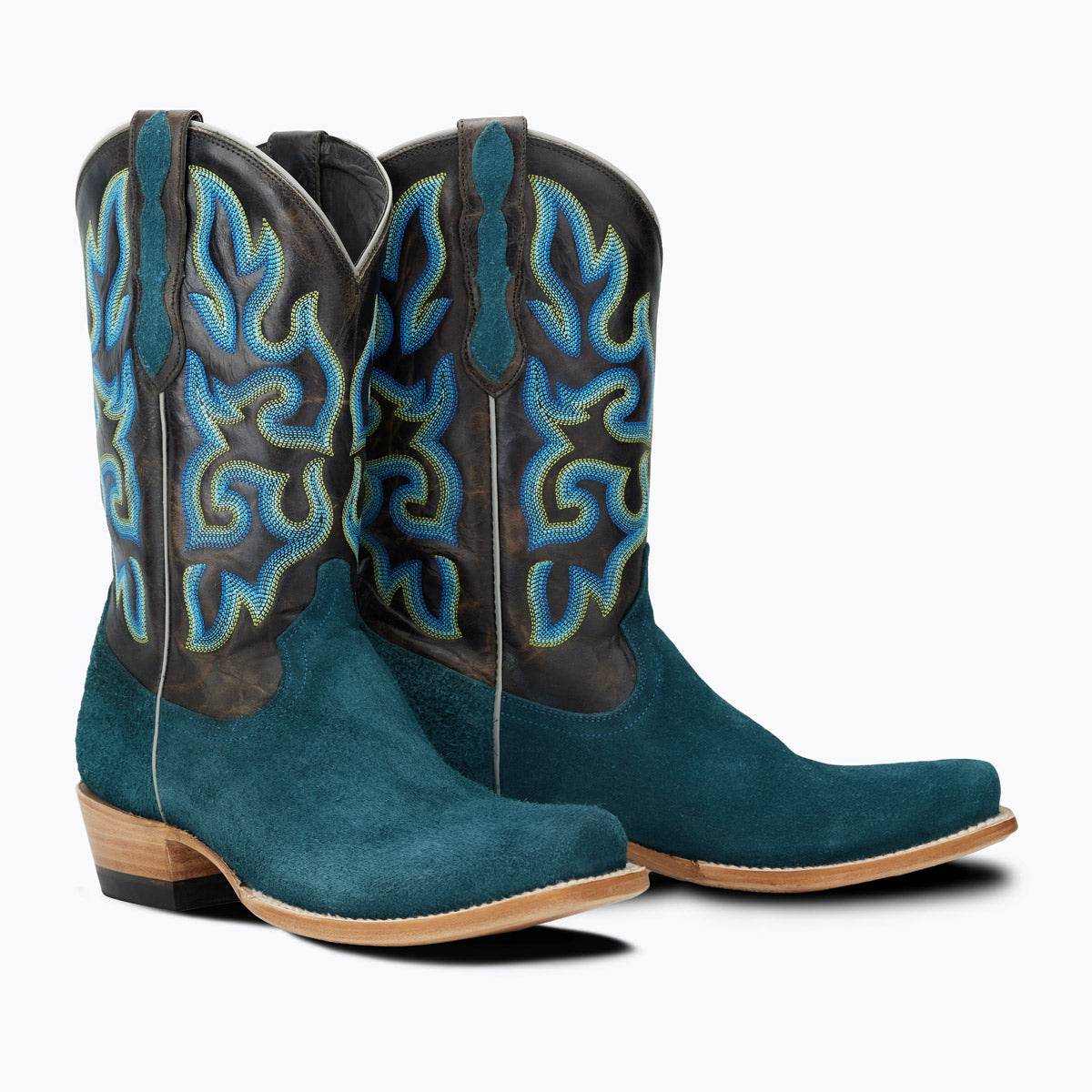 El Capitan Tulsa - Cameron western boots in teal suede with dark gray shafts and bold blue flame embroidery.