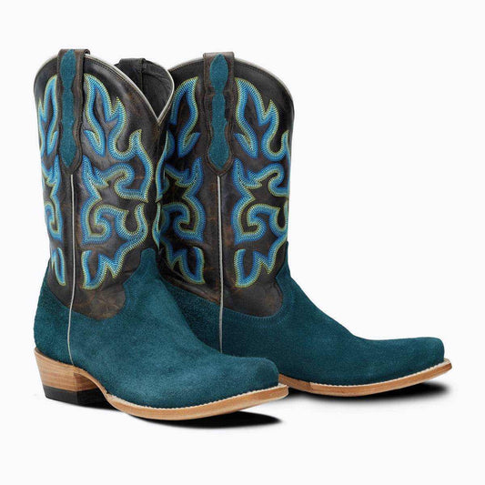 El Capitan Tulsa - Cameron western boots in teal suede with dark gray shafts and bold blue flame embroidery.