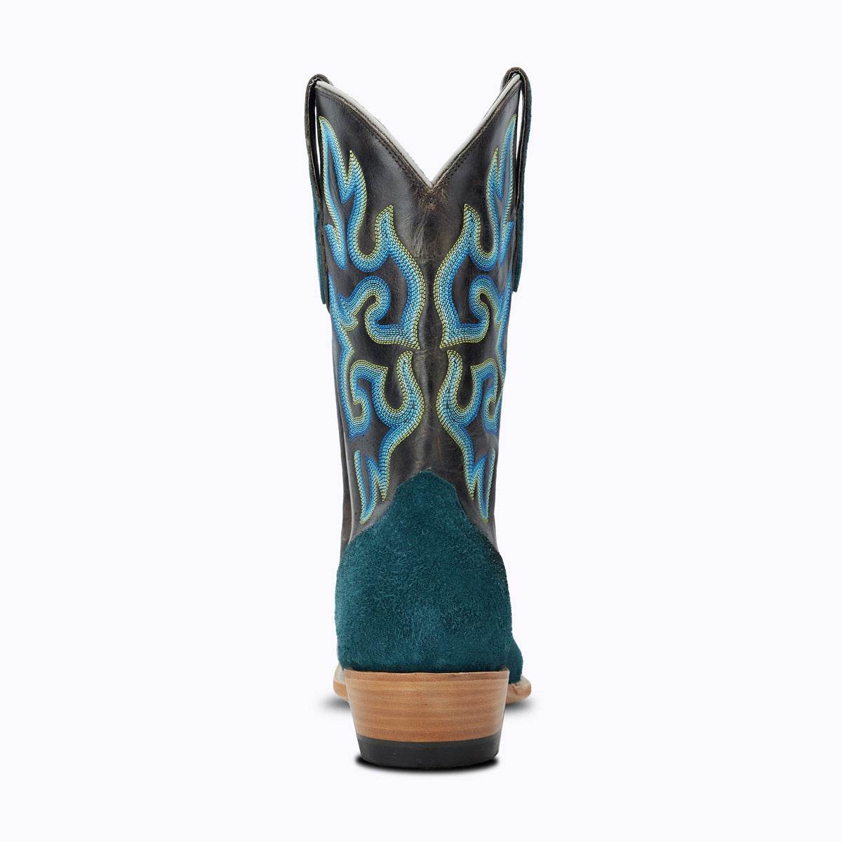 El Capitan Tulsa - Cameron western boot with teal suede heel, dark leather shaft and blue embroidered flame pattern