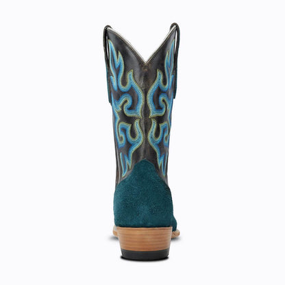 El Capitan Tulsa - Cameron western boot with teal suede heel, dark leather shaft and blue embroidered flame pattern
