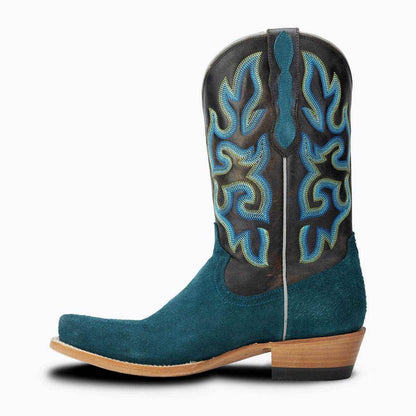 Western cowboy boot, El Capitan Tulsa - Cameron, in teal suede with a dark shaft and blue embroidered flame pattern