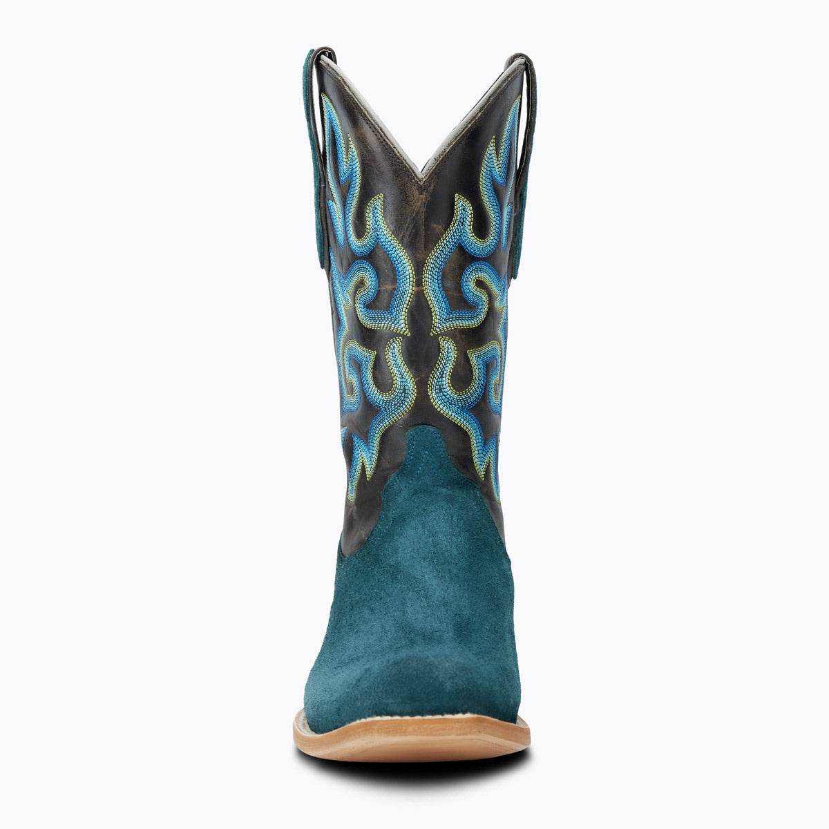 El Capitan Tulsa - Cameron cowboy boot in teal suede with dark leather shaft and ornate blue embroidered patterns