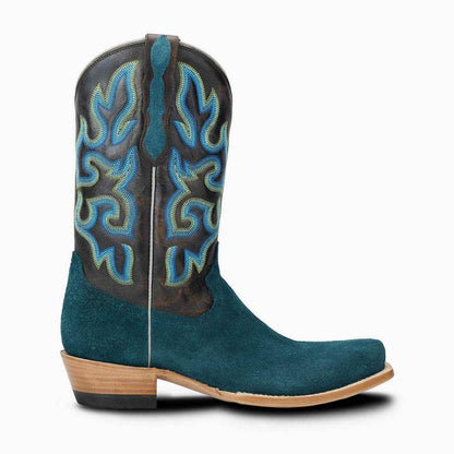 El Capitan Tulsa - Cameron western boot in teal suede with a dark brown shaft and colorful embroidered flame pattern