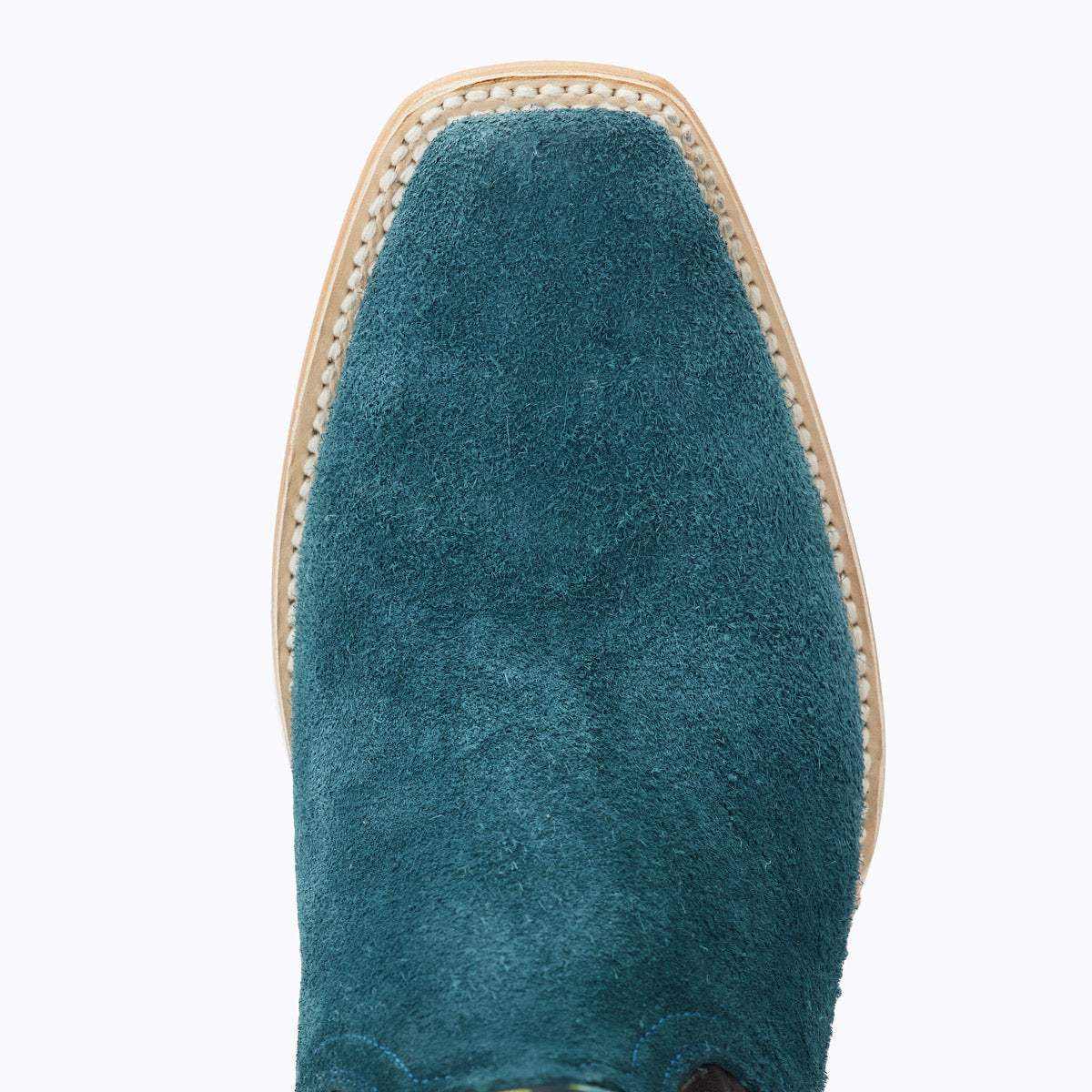 El Capitan Tulsa - Cameron western boot in teal suede, shown with a broad cutter toe and tan double-stitched welt.