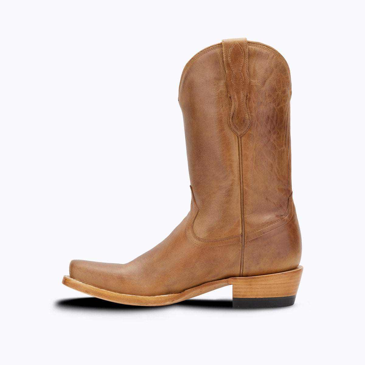 El Capitan Tulsa - Union western boot in tan leather with a tall embroidered shaft, cutter toe, and stacked heel.