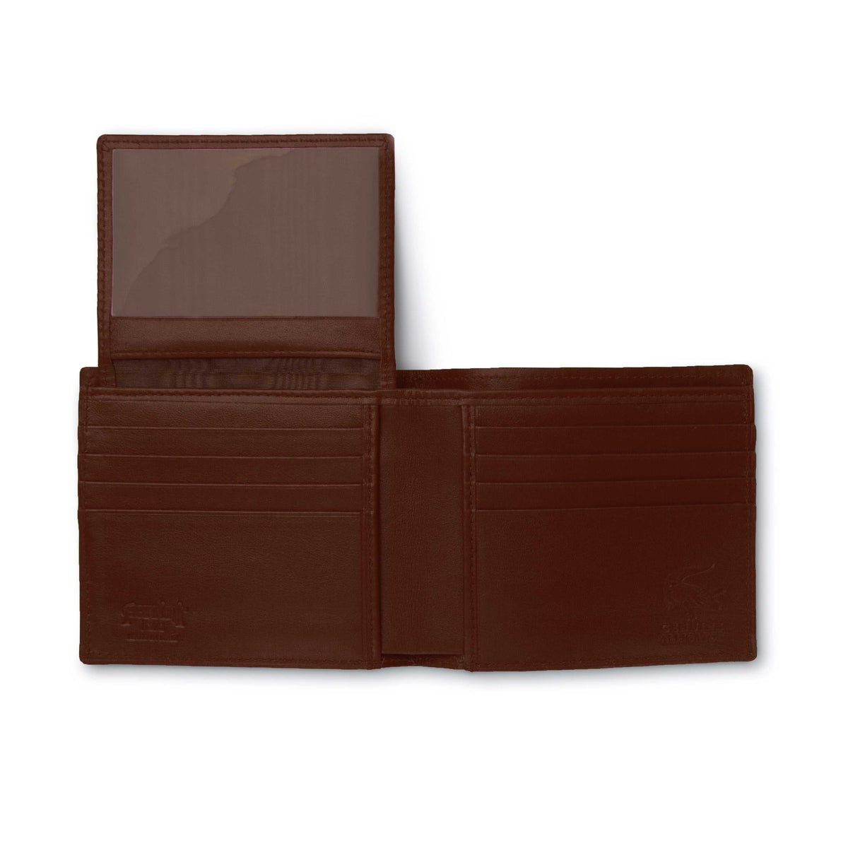 Ferrini Alligator Billfold in cognac brown leather with a clear ID window and multiple card slots