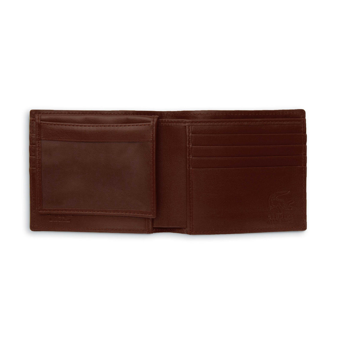 Ferrini Alligator Billfold in dark cognac alligator leather, open with an ID window and multiple card slots