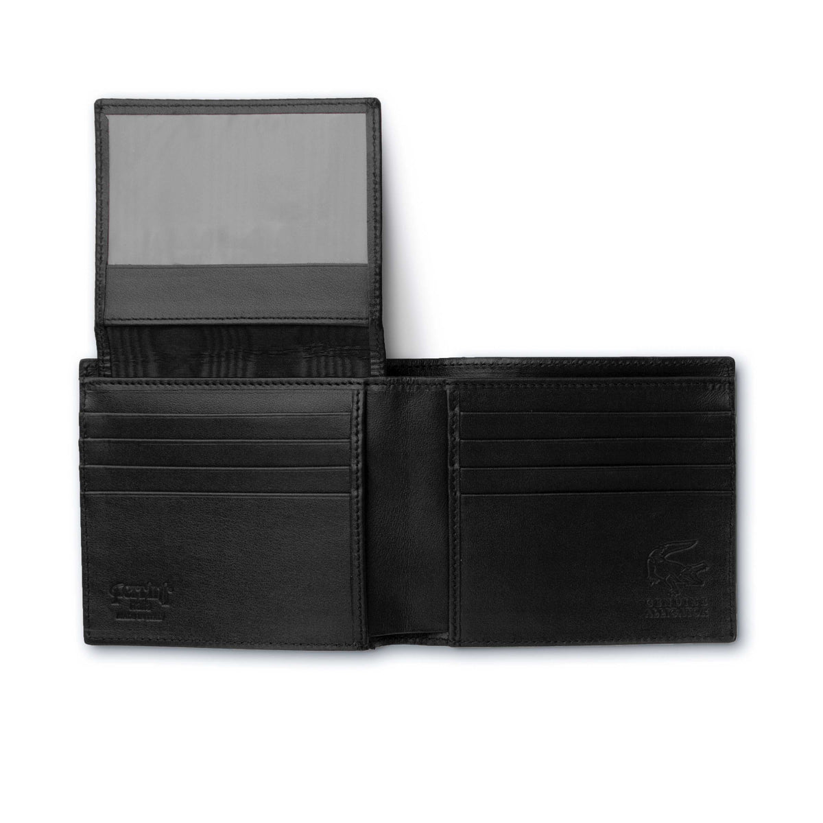 Ferrini Alligator Billfold Wallet in black alligator leather, open with stitched card slots and a clear ID window