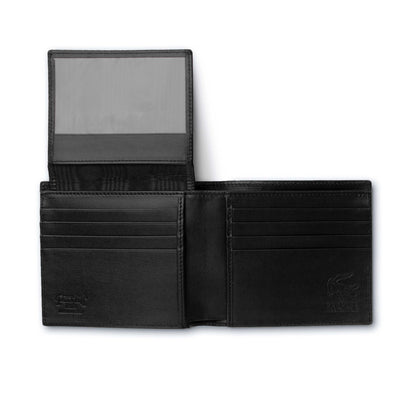 Ferrini Alligator Billfold Wallet in black alligator leather, open with stitched card slots and a clear ID window