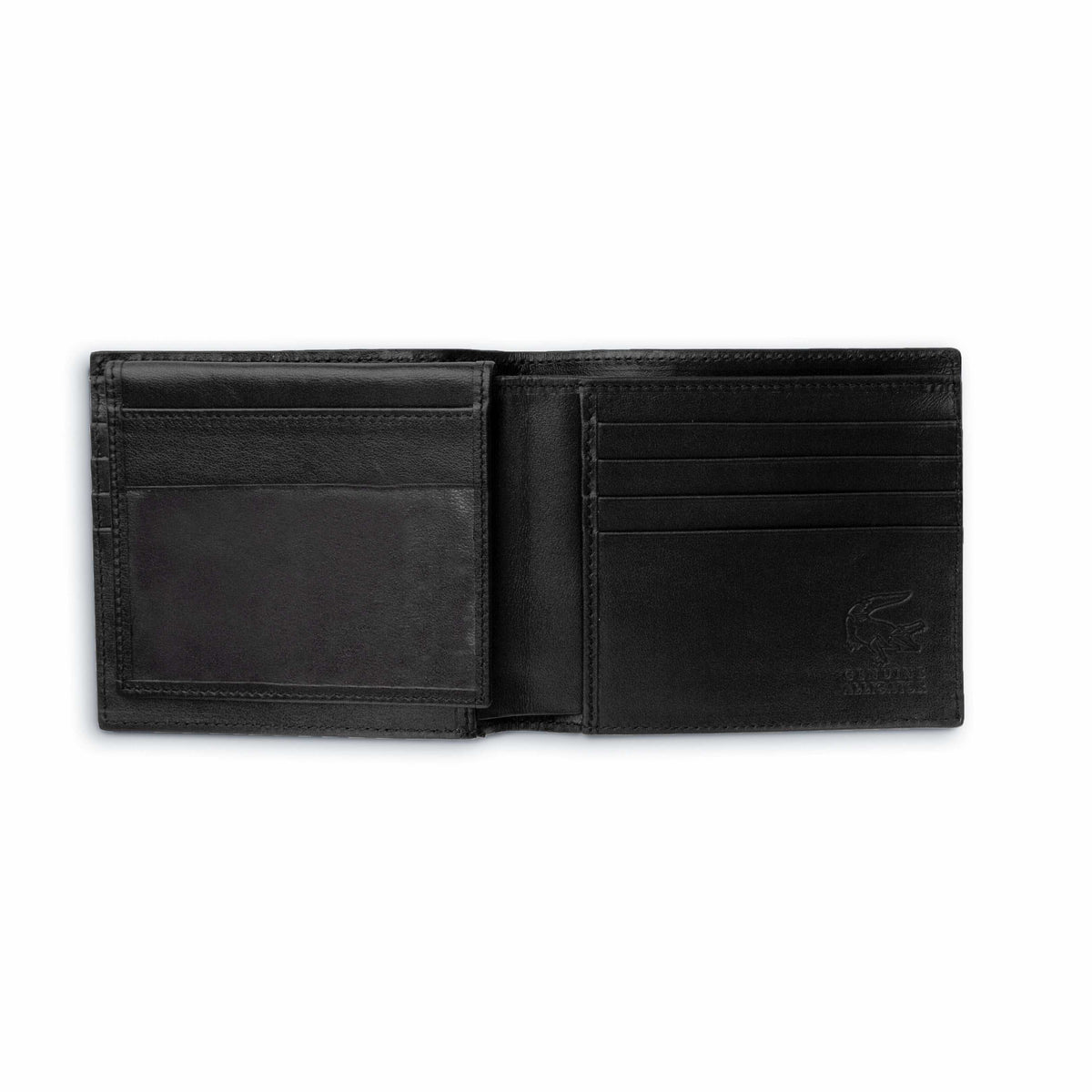 Ferrini Alligator Billfold Wallet in black leather, open with multiple card slots, a clear ID window and embossed logo