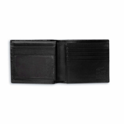 Ferrini Alligator Billfold Wallet in black leather, open with multiple card slots, a clear ID window and embossed logo