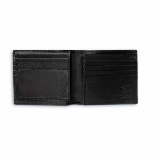 Ferrini Alligator Billfold Wallet in black leather, open with multiple card slots, a clear ID window and embossed logo