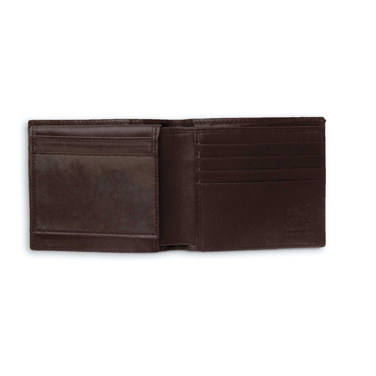 Ferrini Alligator Billfold Wallet in deep brown textured leather, opened to show multiple card slots and a clear ID window