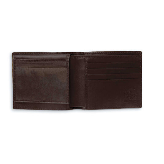 Ferrini Alligator Billfold Wallet in deep brown textured leather, opened to show multiple card slots and a clear ID window