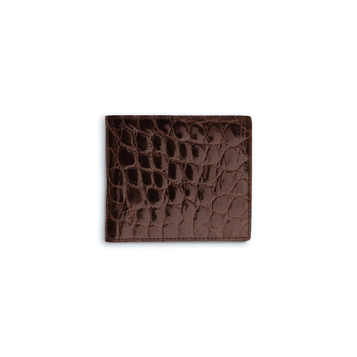 Ferrini Alligator Billfold Wallet in dark brown glossy leather with a raised, irregular alligator-scale pattern and stitched edges