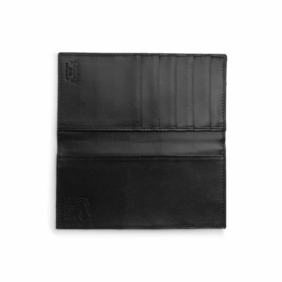 Ferrini Alligator checkbook cover in black leather with a smooth interior, stitched edges, card slots and embossed logo