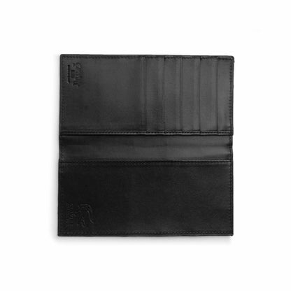 Ferrini Alligator checkbook cover in black leather with a smooth interior, stitched edges, card slots and embossed logo