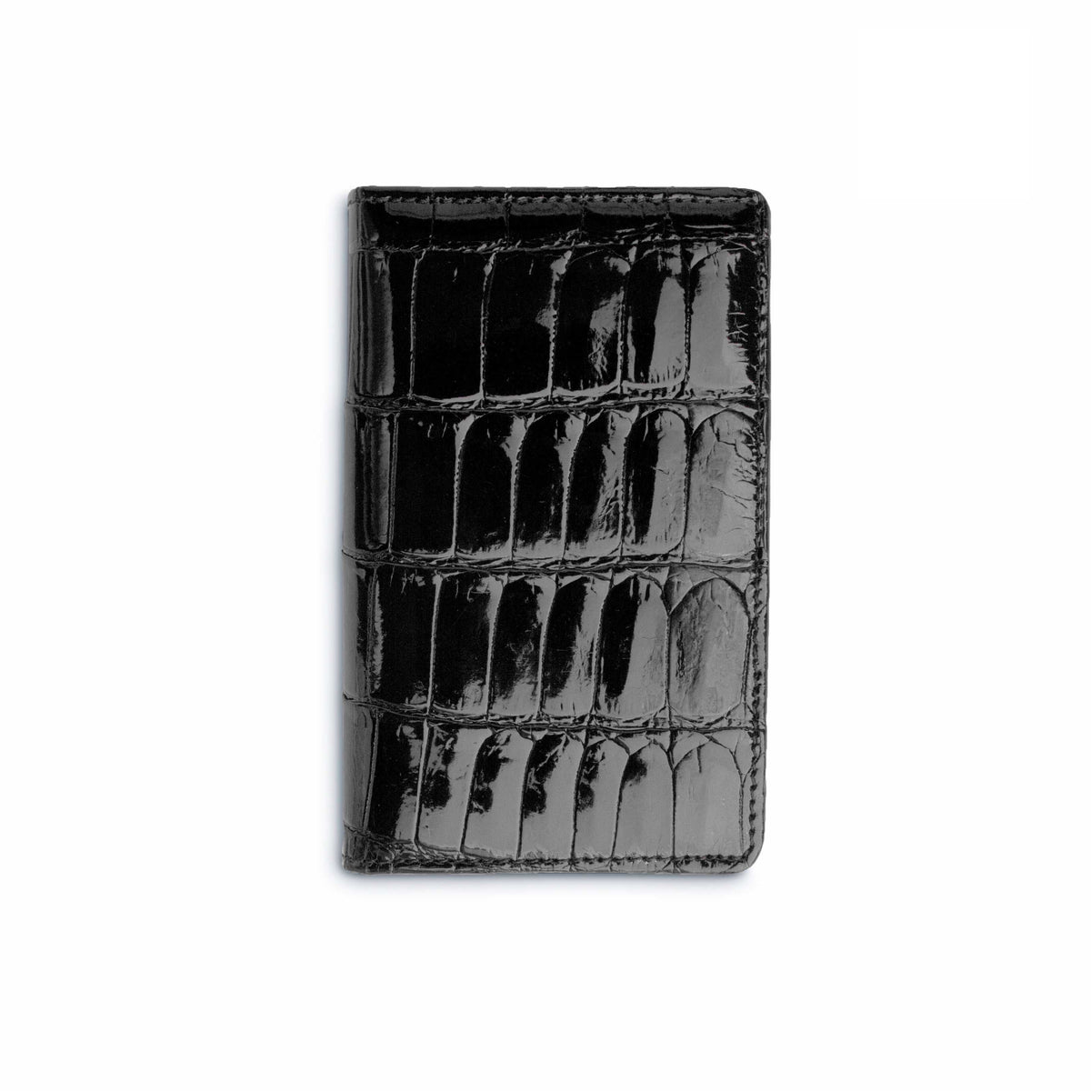 Ferrini Alligator Card Holder in glossy black alligator leather, featuring a compact shape and raised scale pattern.