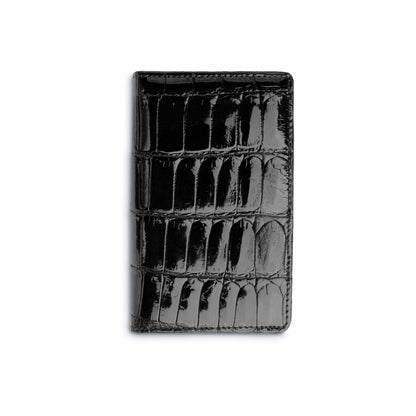 Ferrini Alligator Card Holder in glossy black alligator leather, featuring a compact shape and raised scale pattern.