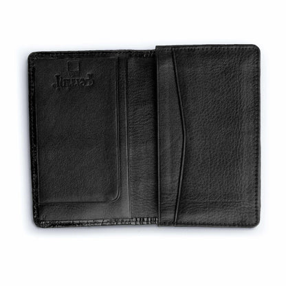 Ferrini Alligator Card Holder in black textured leather, open bifold design with stitched edges and card slots