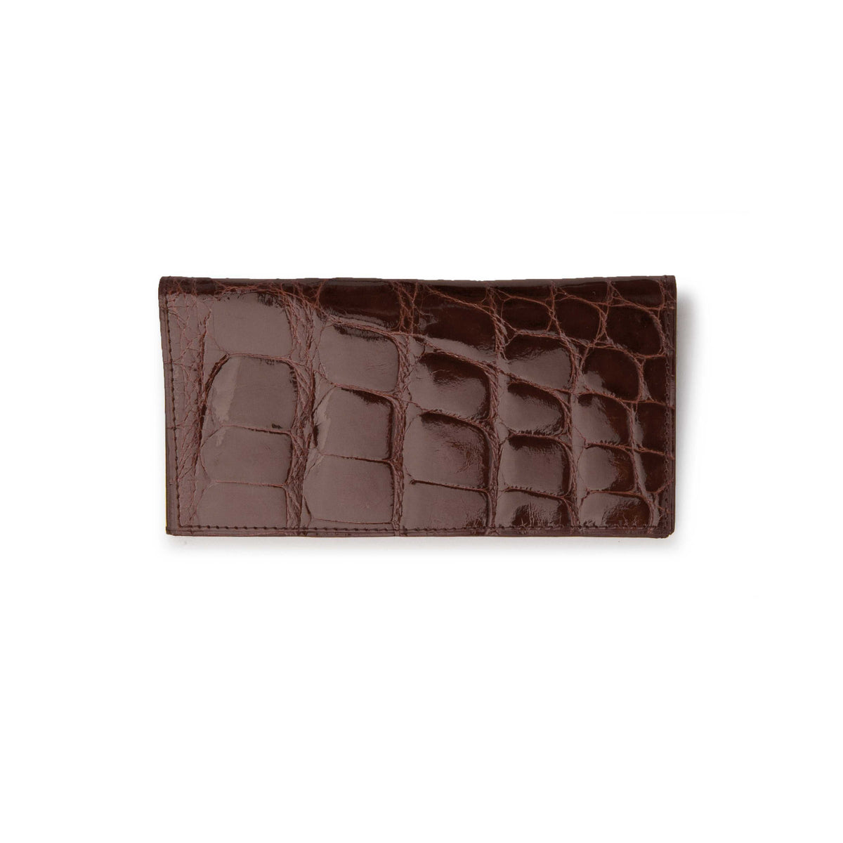 Ferrini Alligator Checkbook cover in dark nicotine-brown alligator leather, with a glossy, raised scale pattern