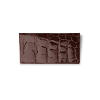 Ferrini Alligator Checkbook cover in dark nicotine-brown alligator leather, with a glossy, raised scale pattern