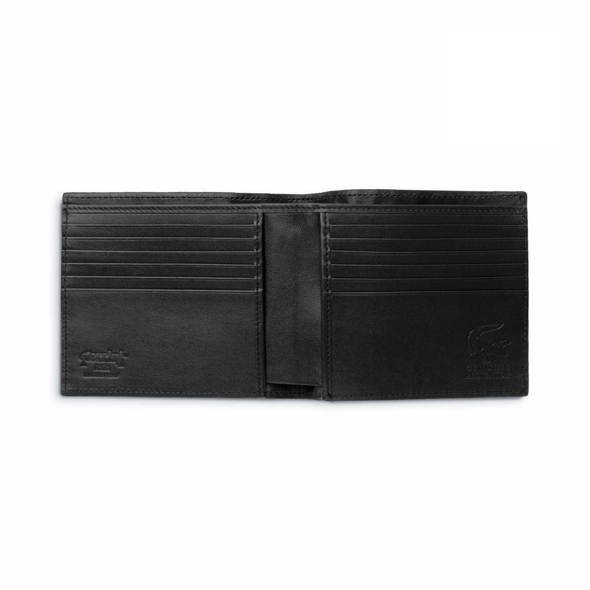 Ferrini Alligator Hipster Wallet in black alligator leather, open with multiple horizontal card slots and a tiered interior