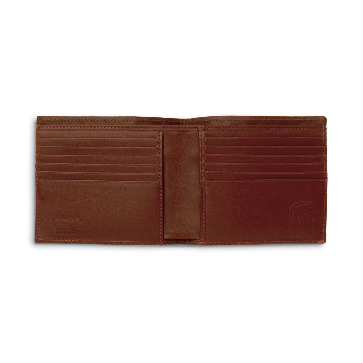 Ferrini Alligator Hipster Wallet in cognac brown alligator leather, open with tiered card slots and stitched edges
