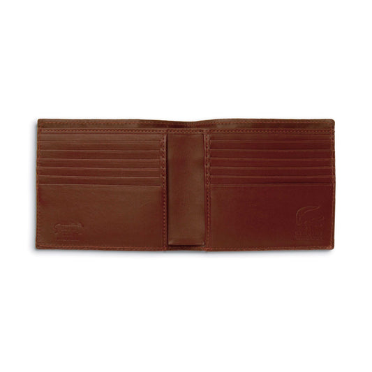 Ferrini Alligator Hipster Wallet in cognac brown alligator leather, open with tiered card slots and stitched edges