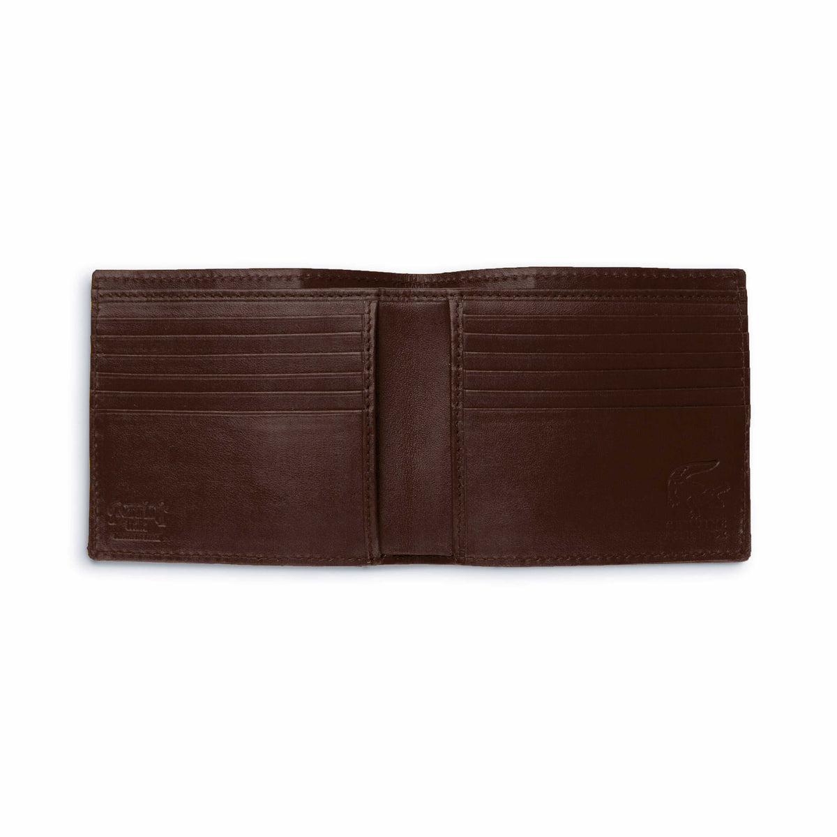 Ferrini Alligator Hipster Wallet in dark nicotine brown alligator leather, open with tiered card slots
