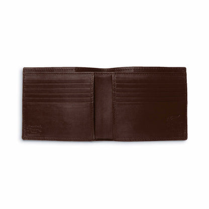 Ferrini Alligator Hipster Wallet in dark nicotine brown alligator leather, open with tiered card slots