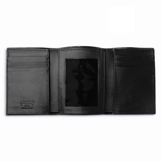 Ferrini Alligator Trifold Wallet in black textured leather, open with stitched card slots, a clear ID window, and embossed logo