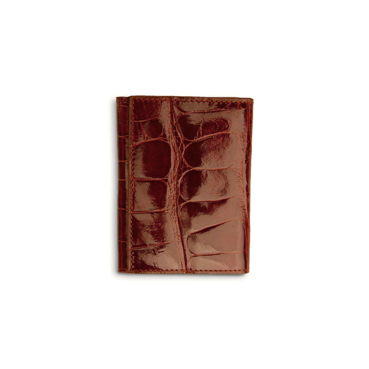 Ferrini Alligator Trifold Wallet in glossy cognac-brown alligator leather with raised scales and stitched edges
