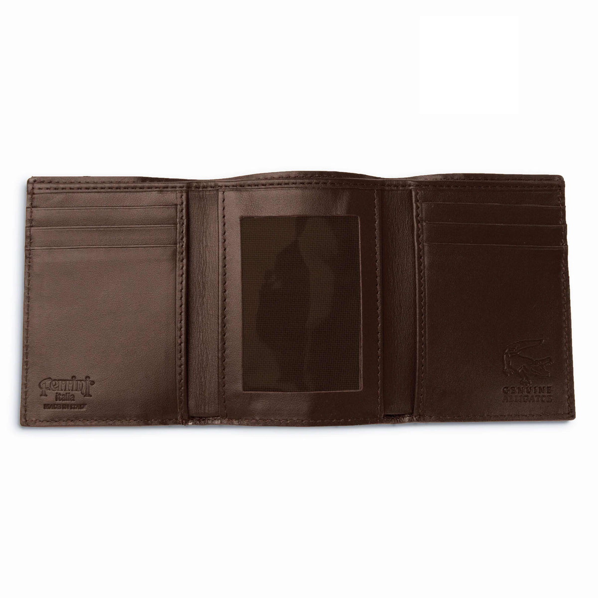 Ferrini Alligator Wallet in dark nicotine-brown alligator leather, open trifold design with card slots and a clear ID window